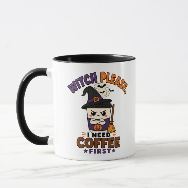 Witch Please I Need Coffee First Black Halloween Mug (Left)