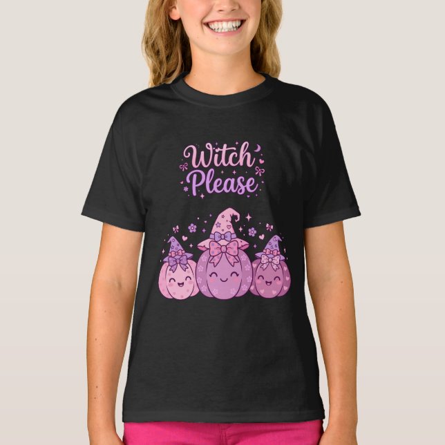 Witch Please Pink Witch Hat Pumpkin Bow Cute Fall  T-Shirt (Front)