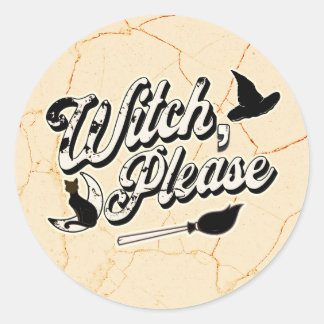 Witch Please, Vintage Halloween Black Cat & Broom Classic Round Sticker