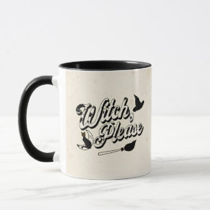 Witch Please, Vintage Halloween Black Cat & Broom Mug
