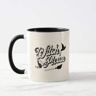 Witch Please, Vintage Halloween Black Cat & Broom Mug