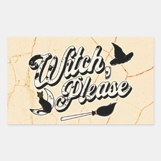 Witch Please, Vintage Halloween Black Cat & Broom Rectangular Sticker