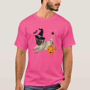 Witch Pug Dog Halloween Costume Cute Broom Pumpkin T-Shirt