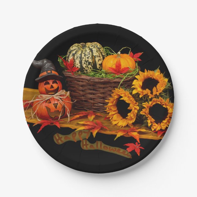 Witch Pumpkin and Sunflowers Halloween Paper Plate (Front)
