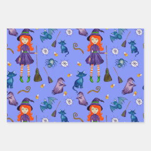 Witch Pumpkin Black Cat Design Perfect Halloween Wrapping Paper Sheet