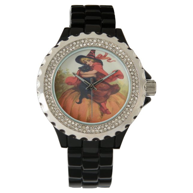 Witch Pumpkin Black Cat Vintage Halloween Watch (Front)