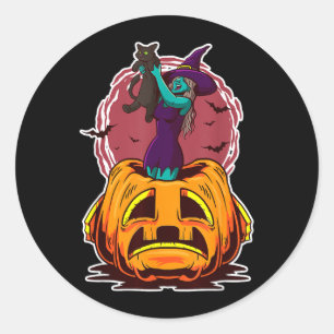 Witch Pumpkin Black Cat Y Spooky Sorcerer Classic Round Sticker