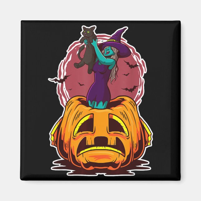 Witch Pumpkin Black Cat Y Spooky Sorcerer Magnet (Front)