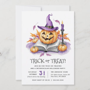 Witch Pumpkin Watercolor Halloween Party Invitation