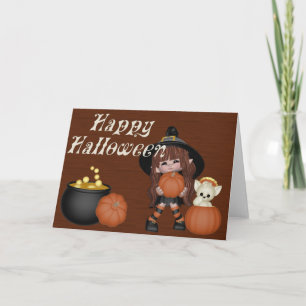 Witch, Pumpkins, Cat & Cauldron Happy Halloween Card