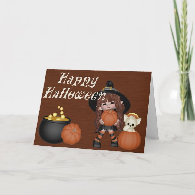 Witch, Pumpkins, Cat & Cauldron Happy Halloween Card (Front)
