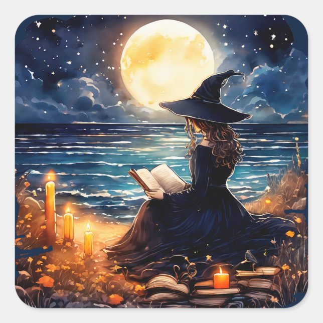 Witch reading a Book - Wicca Halloween 1 Square Sticker (Front)