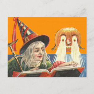Witch Reading Jack O Lantern Pumpkin Postcard