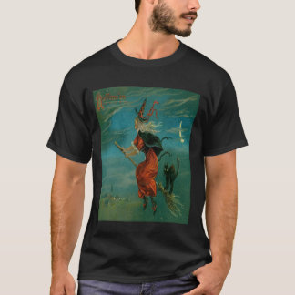 Witch Riding A Besom with A Black Cat Vintage Vect T-Shirt