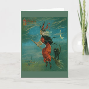 Witch Riding A Broomstick With A Black Cat Vintage Holiday Card