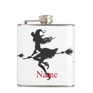 Witch Riding Broom Halloween Thunder_Cove Hip Flask