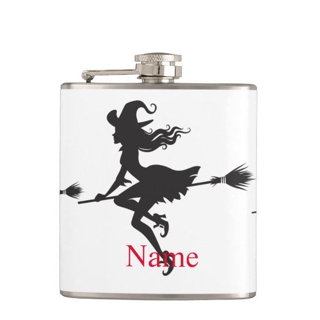 Witch Riding Broom Halloween Thunder_Cove Hip Flask (Front)
