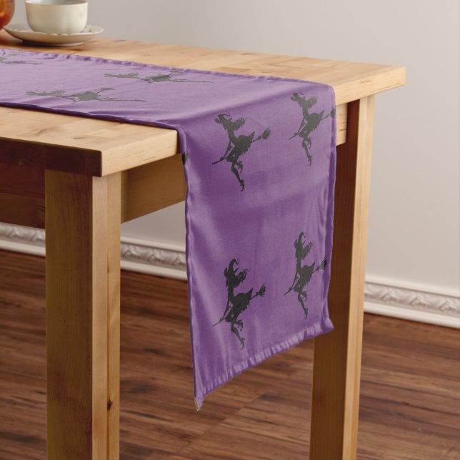 Witch Riding Broom Halloween Thunder_Cove Short Table Runner (In Situ)