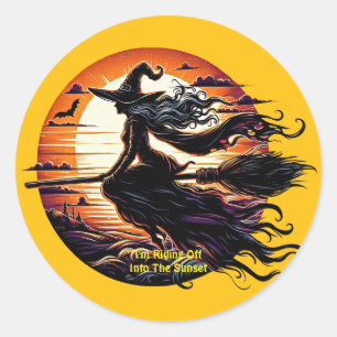 Witch riding Broom in sunset art illustration Classic Round Sticker