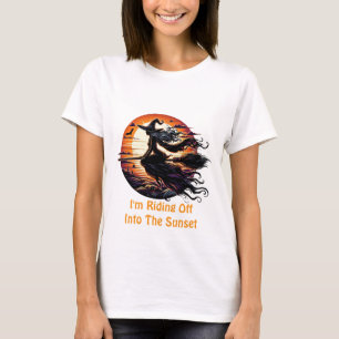 Witch riding Broom in sunset art illustration T-Shirt