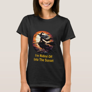 Witch riding Broom in sunset art illustration T-Shirt