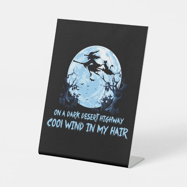 Witch Riding Brooms On A Dark Desert Highways Pedestal Sign (Front)