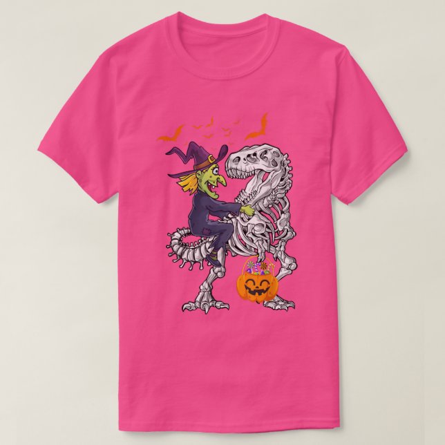 Witch Riding Dinosaur Halloween Pumpkin Bat 6727 T-Shirt (Design Front)