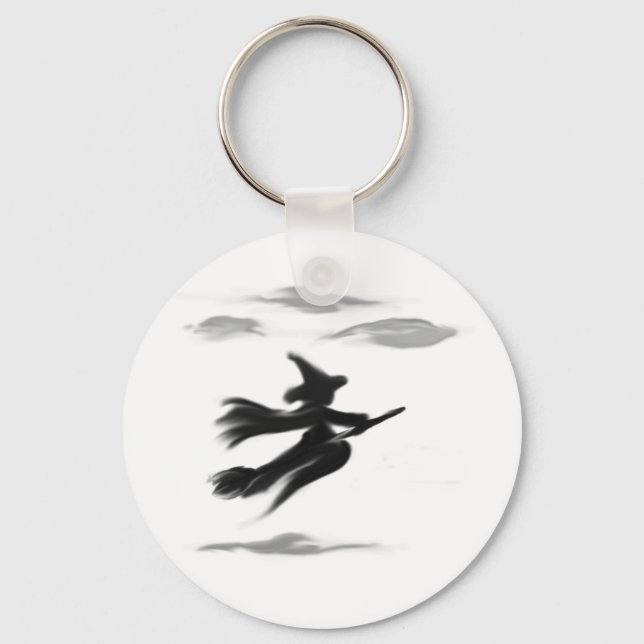Witch Riding Her Broom Painted Design Key Ring (Front)