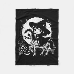 Witch Riding Horse Skeleton Cute Spooky Halloween Fleece Blanket