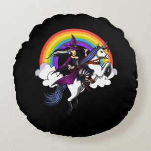Witch Riding Magical Unicorn Halloween Rainbow Round Cushion