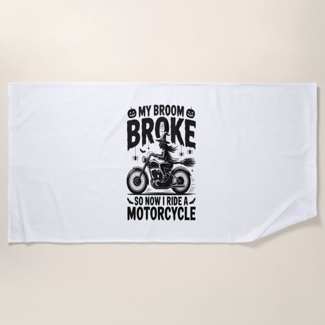 Witch Riding Motorcycle Halloween Beach Towel (Front)