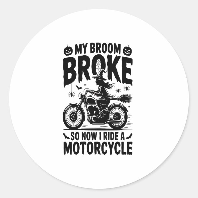 Witch Riding Motorcycle Halloween Classic Round Sticker (Front)