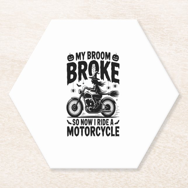 Witch Riding Motorcycle Halloween Paper Coaster (Front)