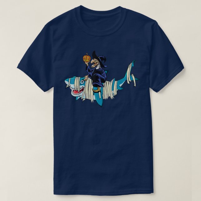 Witch Riding Mummy Shark Halloween Funny Witch Sha T-Shirt (Design Front)