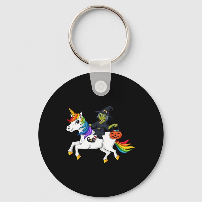 Witch Riding Unicorn Fun Halloween Girls Kids  Key Ring (Front)