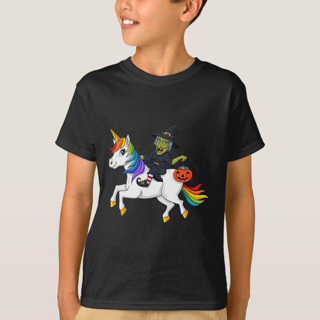 Witch Riding Unicorn Fun Halloween Girls Kids  T-Shirt (Front)