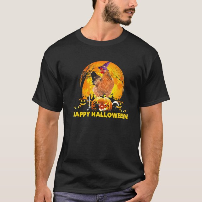 Witch Rooster Boo Ghost Scary Pumpkin Moon Hallowe T-Shirt (Front)