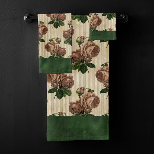 Witch Rose Floral   Vintage Cream Pink and Green Bath Towel Set