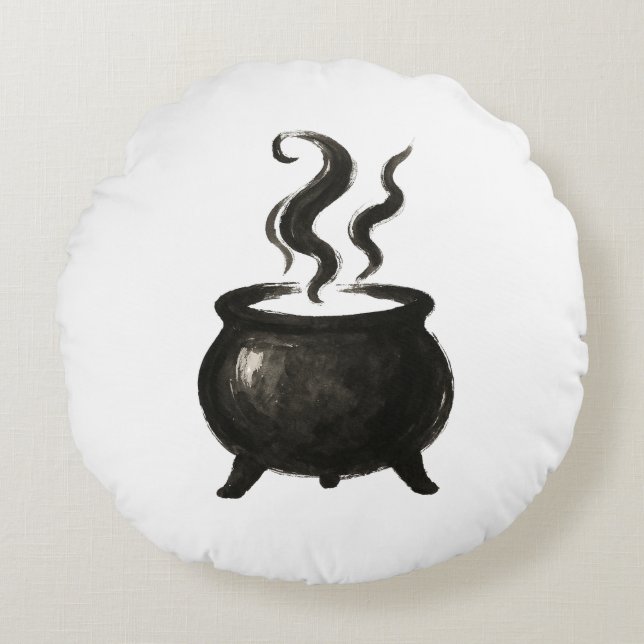Witch’s Brew – Minimalist Halloween Cauldron on  Round Cushion (Front)