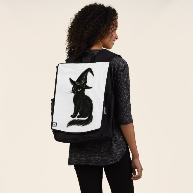 Witch’s Cat – Black Ink Halloween Illustration on  Backpack (Worn)