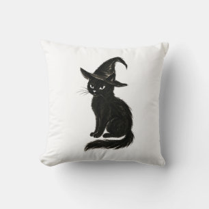 Witch’s Cat – Black Ink Halloween Illustration on  Cushion