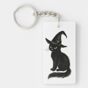 Witch’s Cat – Black Ink Halloween Illustration on Key Ring