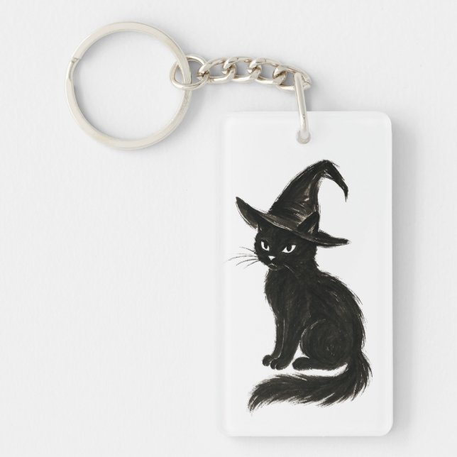 Witch’s Cat – Black Ink Halloween Illustration on  Key Ring (Front)