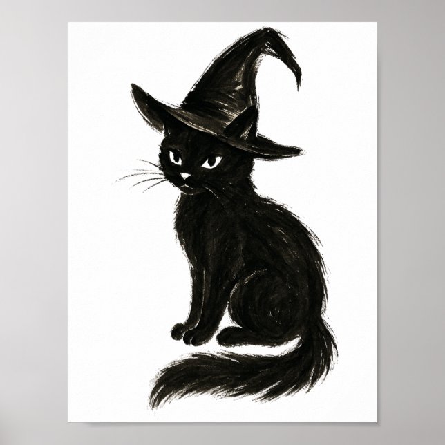 Witch’s Cat – Black Ink Halloween Illustration on  Poster (Front)