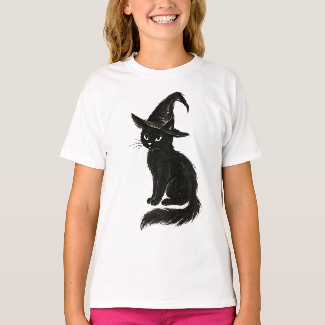 Witch’s Cat – Black Ink Halloween Illustration on  T-Shirt (Front)