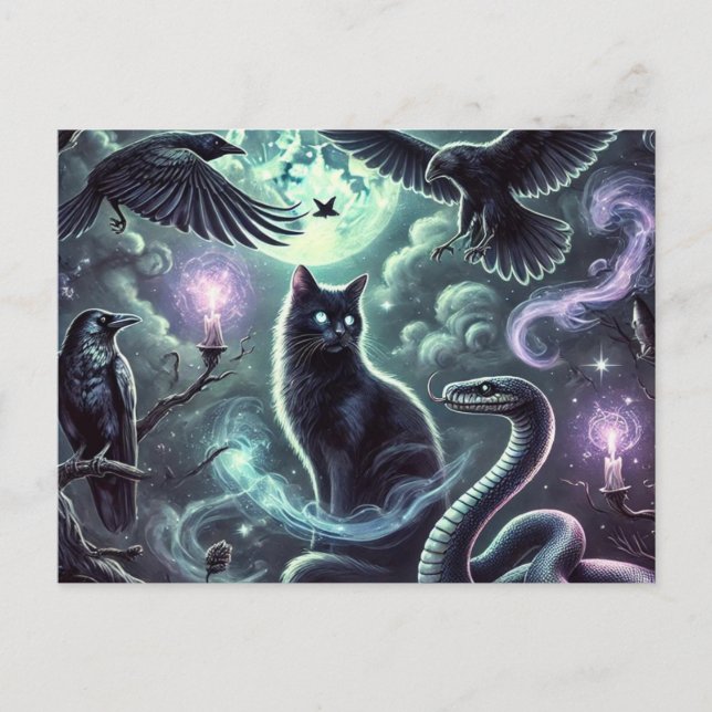 Witch’s Cat Postcard | Halloween Black Cat Art  (Front)