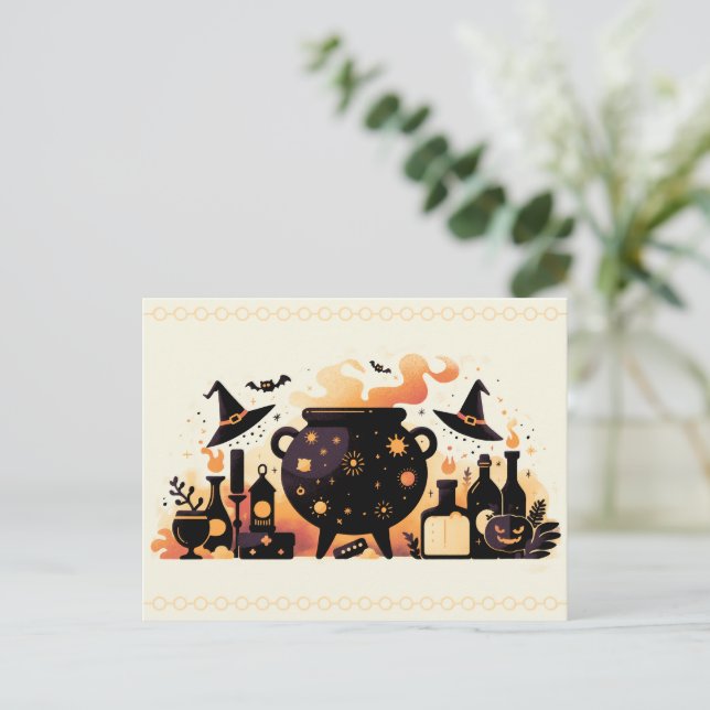 Witch’s Cauldron with Potions and Witchcraft Holiday Postcard (Standing Front)