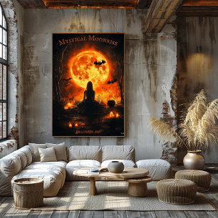 Witch’s Halloween with Full Moon, Candles, & Bats Poster