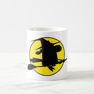Witch Silhouette Flying on Broom Against Full Moon Coffee Mug