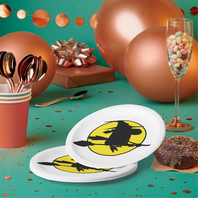 Witch Silhouette Flying on Broom Against Full Moon Paper Plate (Creator Uploaded)